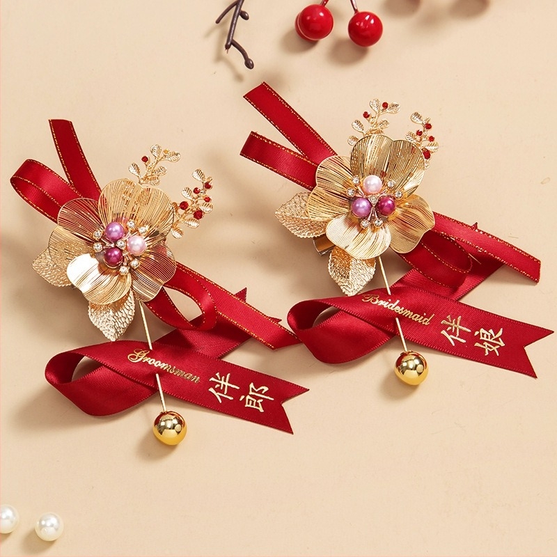 Set corsaje pentru nuntă din flori de mătase, broșe lucrate manual pentru mireasă, mire și părinți