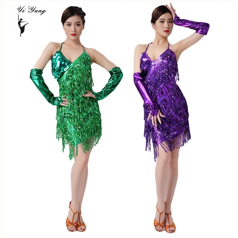 Rochie de dans latino pe scenă cu ciucuri și paiete, curele cu paiete, decupată la spate, 95% poliester / 5% spandex, femeie, pentru competiții latino