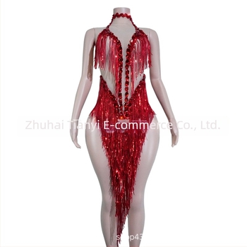 Rochie de damă din plasă cu paiete strălucitoare și franjuri – costum de scenă pentru dans latin, stil european și american, toamna 2025, amestec poliester-spandex-bumbac