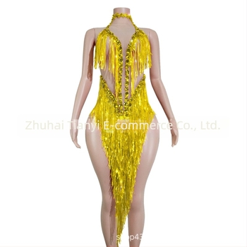 Rochie de damă din plasă cu paiete strălucitoare și franjuri – costum de scenă pentru dans latin, stil european și american, toamna 2025, amestec poliester-spandex-bumbac