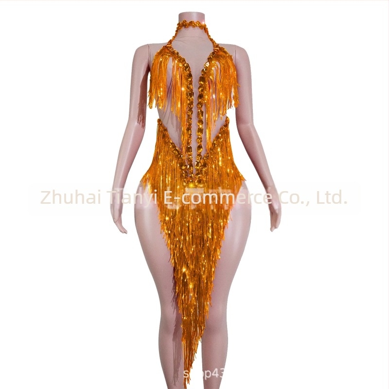 Rochie de damă din plasă cu paiete strălucitoare și franjuri – costum de scenă pentru dans latin, stil european și american, toamna 2025, amestec poliester-spandex-bumbac