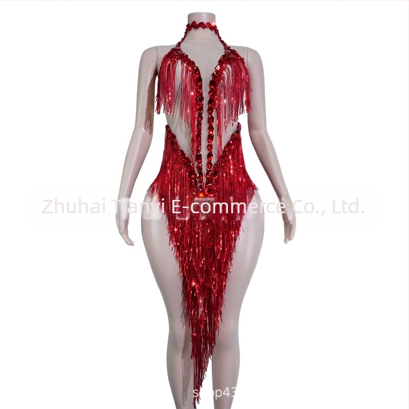 Rochie de damă din plasă cu paiete strălucitoare și franjuri – costum de scenă pentru dans latin, stil european și american, toamna 2025, amestec poliester-spandex-bumbac