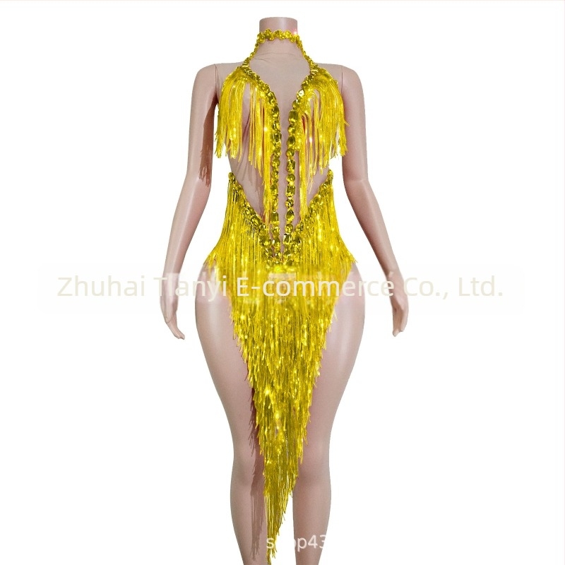 Rochie de damă din plasă cu paiete strălucitoare și franjuri – costum de scenă pentru dans latin, stil european și american, toamna 2025, amestec poliester-spandex-bumbac