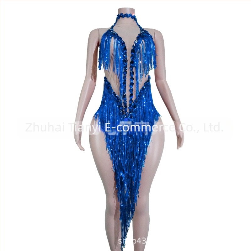 Rochie de damă din plasă cu paiete strălucitoare și franjuri – costum de scenă pentru dans latin, stil european și american, toamna 2025, amestec poliester-spandex-bumbac