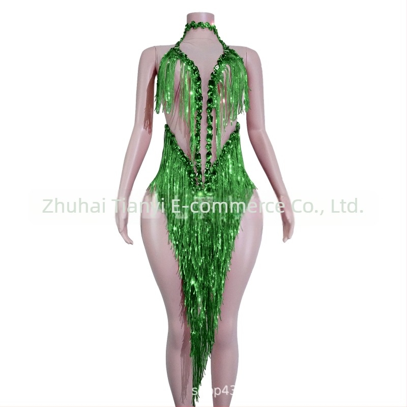 Rochie de damă din plasă cu paiete strălucitoare și franjuri – costum de scenă pentru dans latin, stil european și american, toamna 2025, amestec poliester-spandex-bumbac