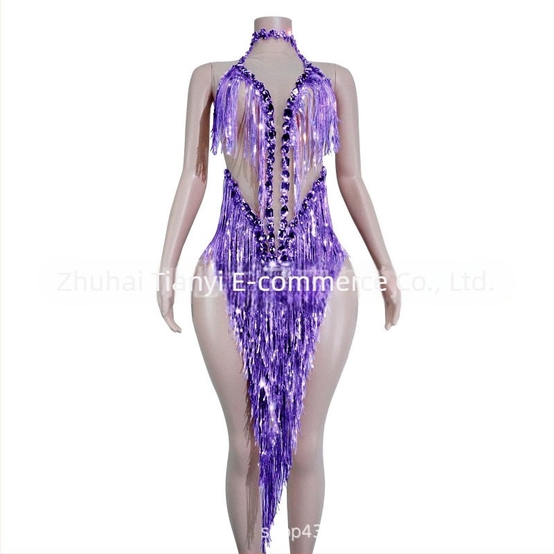 Rochie de damă din plasă cu paiete strălucitoare și franjuri – costum de scenă pentru dans latin, stil european și american, toamna 2025, amestec poliester-spandex-bumbac