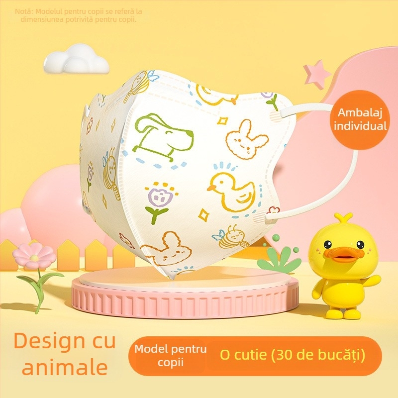 Mască chirurgicală medicală pentru copii, design 3D, material: țesătură nețesută + meltblown, de unică purtare, pachet 30 buc., stil desen animat