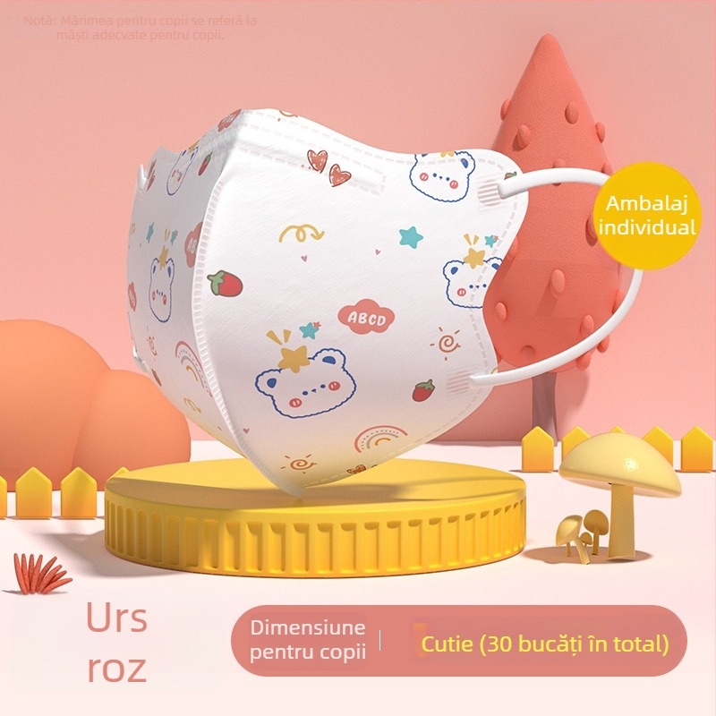 Mască chirurgicală medicală pentru copii, design 3D, material: țesătură nețesută + meltblown, de unică purtare, pachet 30 buc., stil desen animat