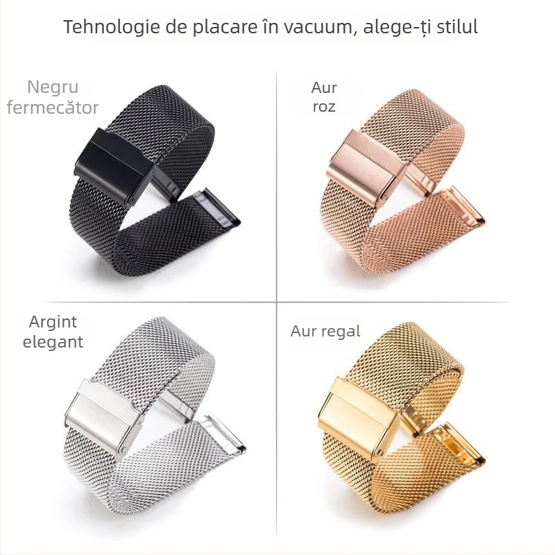 FKFM Curea de ceas din oțel inoxidabil Milanese, cu închidere prin buton snap, compatibilă cu Samsung, Apple și Huawei
