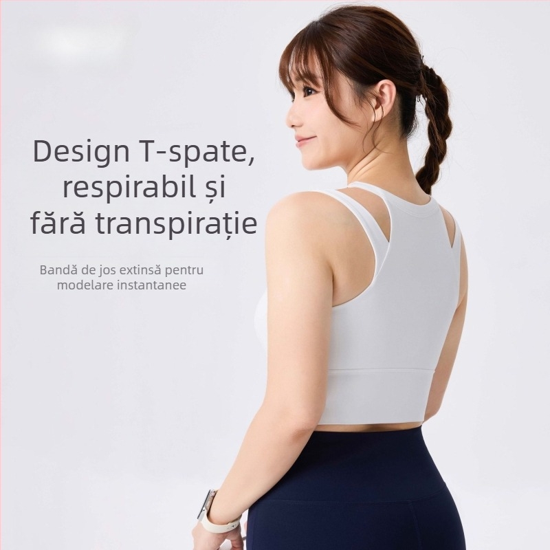Sutien de yoga cupe fixe, design la spate elegant, croială strânsă; Material: Nylon 79% + Spandex 21%; Țesătură: amestec fibre chimice; Lungime: 40.5–41.7 cm