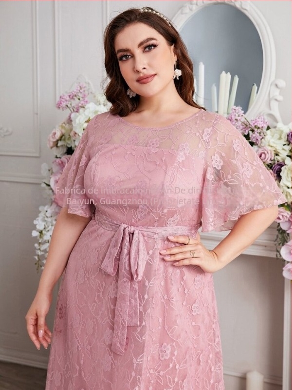 Rochie de domnișoară de onoare, stil european și american, chiffon cu model petale, decolteu rotund, mâneci 3/4, lungă, stil elegant
