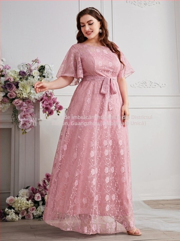 Rochie de domnișoară de onoare, stil european și american, chiffon cu model petale, decolteu rotund, mâneci 3/4, lungă, stil elegant