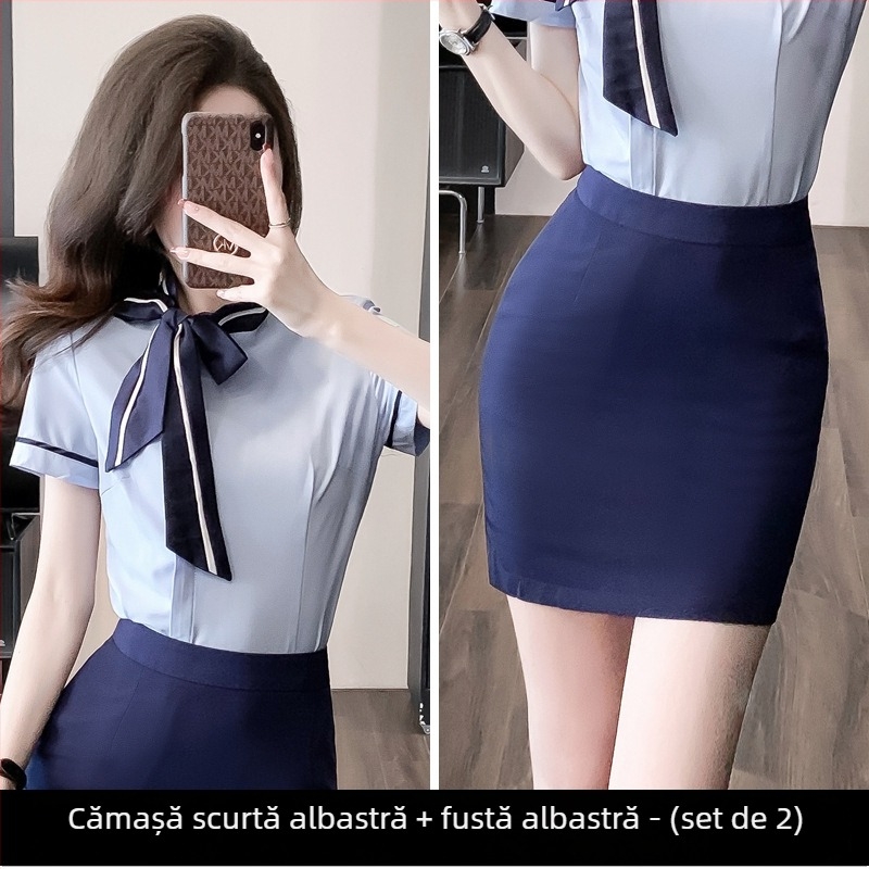 Set uniformă OL: bluză cu fustă scurtă, mâneci regulate, croială OL commuter, poliester 30-50% amestec, primăvara 2024