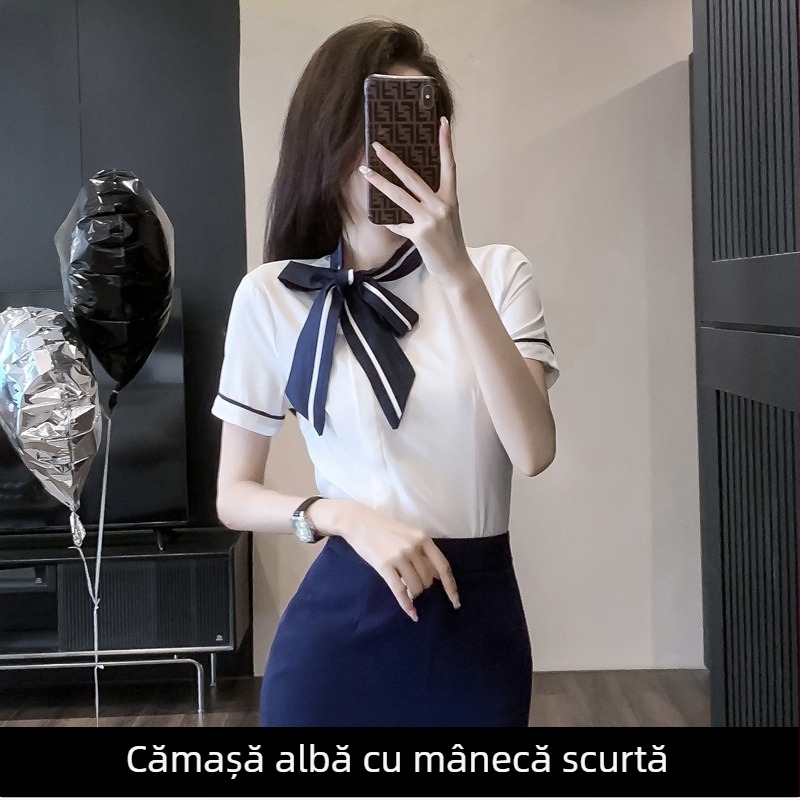 Set uniformă OL: bluză cu fustă scurtă, mâneci regulate, croială OL commuter, poliester 30-50% amestec, primăvara 2024