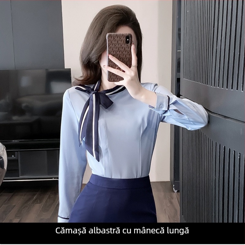 Set uniformă OL: bluză cu fustă scurtă, mâneci regulate, croială OL commuter, poliester 30-50% amestec, primăvara 2024