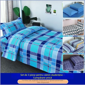 Set de lenjerie din bumbac 100% pentru paturi supraetajate în internat școlar — cearșaf, husă de pilotă și fețe de pernă, dungi albastre, pentru pat de 2,0 m, vopsire reactivă