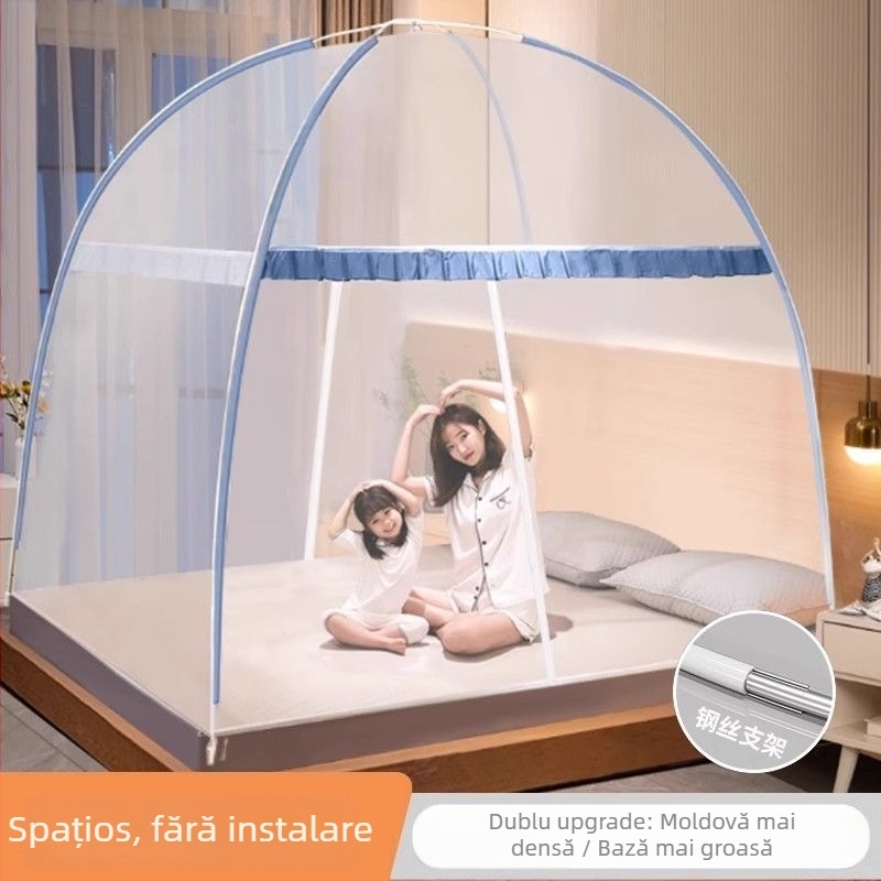 Plasă de pat anti-țânțari — stil yurta mongol, design desen animat, poliester, cadru din fibre de sticlă, montaj fără instalare