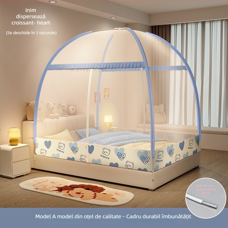 Plasă de pat anti-țânțari — stil yurta mongol, design desen animat, poliester, cadru din fibre de sticlă, montaj fără instalare
