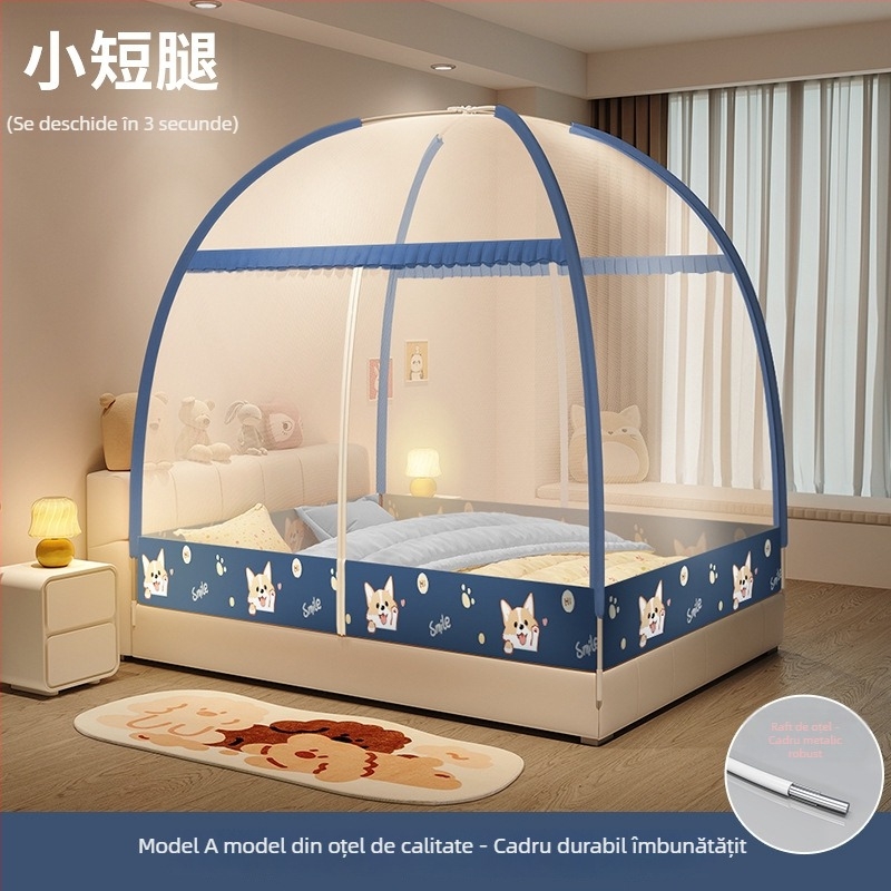 Plasă de pat anti-țânțari — stil yurta mongol, design desen animat, poliester, cadru din fibre de sticlă, montaj fără instalare