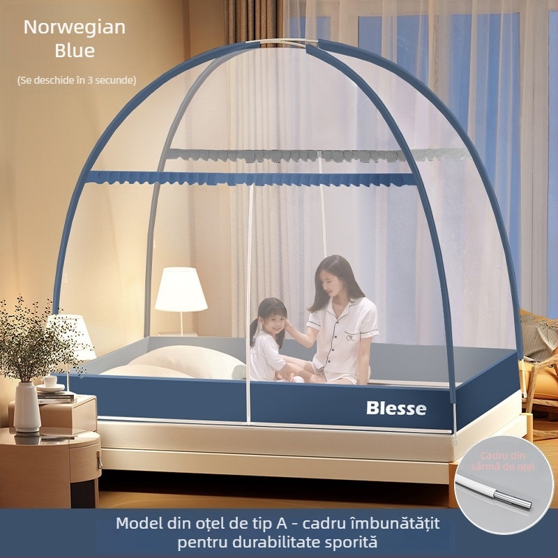 Plasă de pat anti-țânțari — stil yurta mongol, design desen animat, poliester, cadru din fibre de sticlă, montaj fără instalare