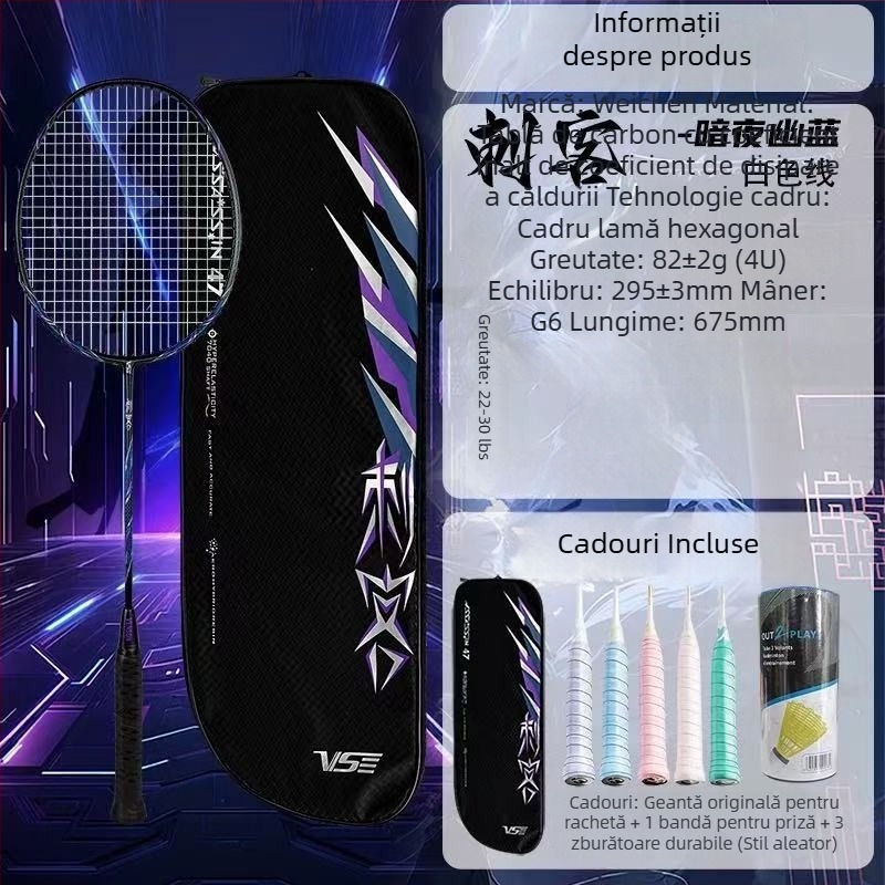 Weichen Assassin rachetă de badminton, ramă din carbon complet, ultraușoară, model ofensiv pentru competiții și antrenament, greutate 95–100 g, mâner G5