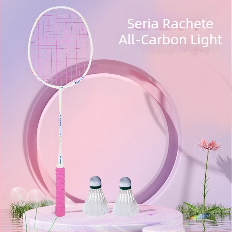 Rachetă de badminton cu ramă din fibră de carbon, coarde din nylon, model ofensiv ultraușor 4U/5U, greutate 80-84 g, logo imprimat