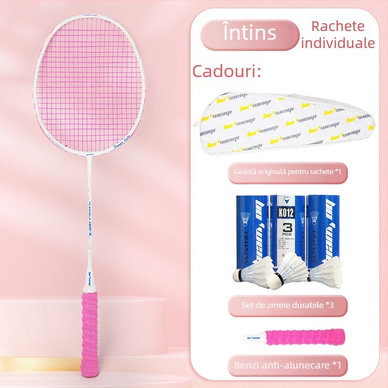 Rachetă de badminton cu ramă din fibră de carbon, coarde din nylon, model ofensiv ultraușor 4U/5U, greutate 80-84 g, logo imprimat