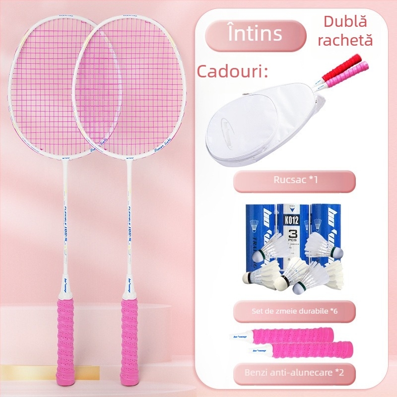 Rachetă de badminton cu ramă din fibră de carbon, coarde din nylon, model ofensiv ultraușor 4U/5U, greutate 80-84 g, logo imprimat