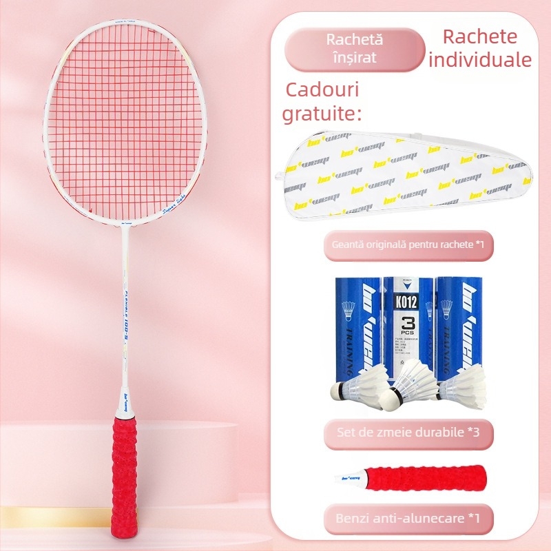 Rachetă de badminton cu ramă din fibră de carbon, coarde din nylon, model ofensiv ultraușor 4U/5U, greutate 80-84 g, logo imprimat