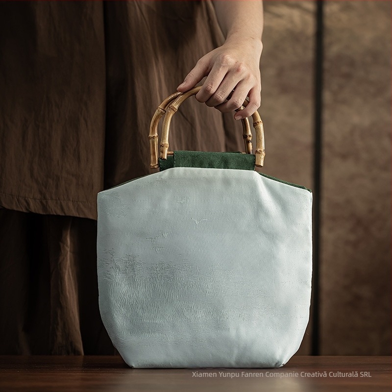 Geantă din jacquard brodat, stil chinezesc, capacitate mare, mâner din bambus, imprimare a logo-ului, personalizabilă