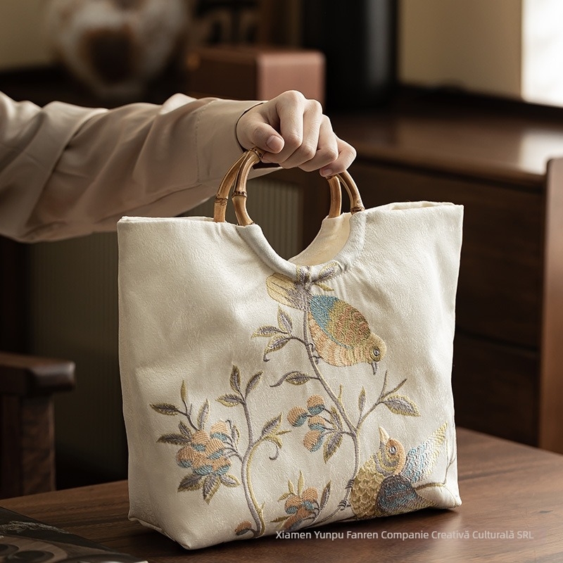 Geantă din jacquard brodat, stil chinezesc, capacitate mare, mâner din bambus, imprimare a logo-ului, personalizabilă