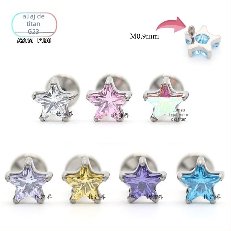 F136 Bijuterii pentru piercing din aliaj de titan, formă stea cu zirconiu, filet exterior pentru urechi, buze și sprâncene