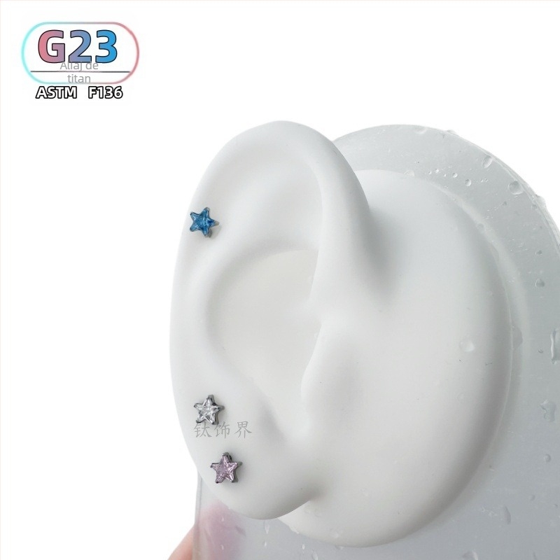 F136 Bijuterii pentru piercing din aliaj de titan, formă stea cu zirconiu, filet exterior pentru urechi, buze și sprâncene