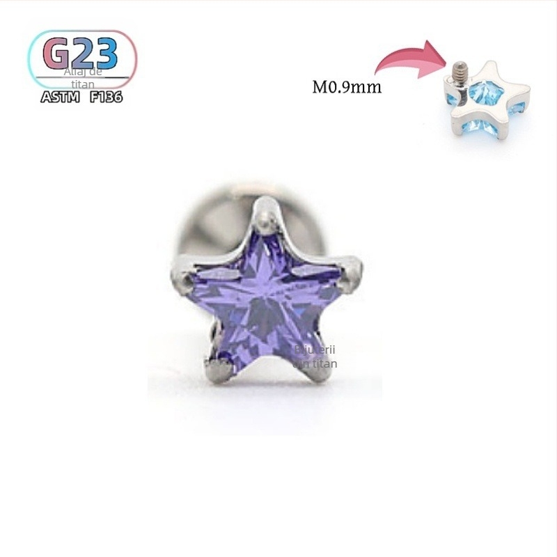 F136 Bijuterii pentru piercing din aliaj de titan, formă stea cu zirconiu, filet exterior pentru urechi, buze și sprâncene