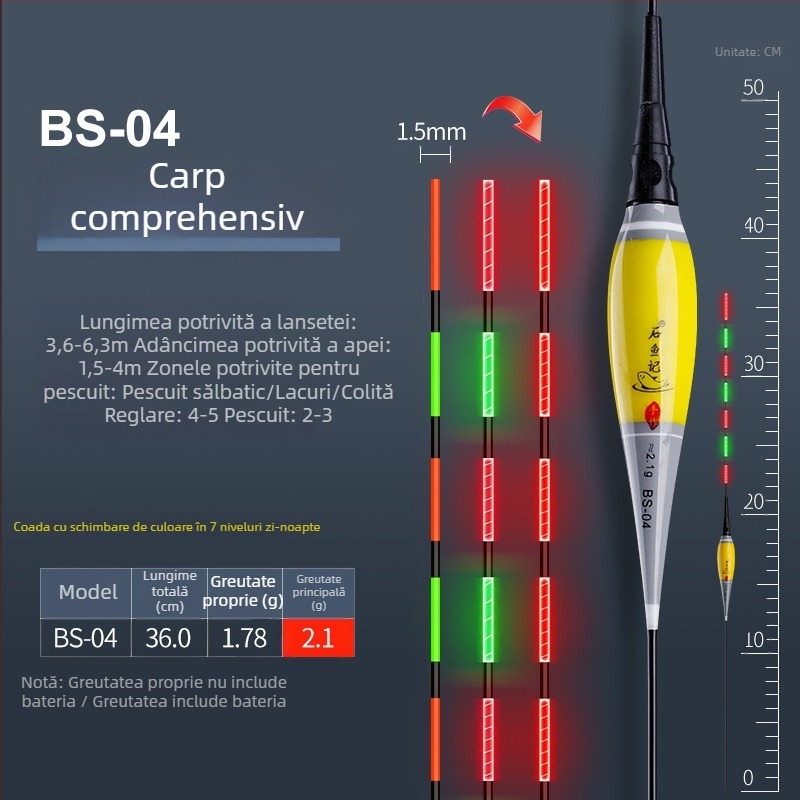Plută verticală pentru caras — schimbare de culoare, iluminare electronică, senzor de gravitație, material nanometric