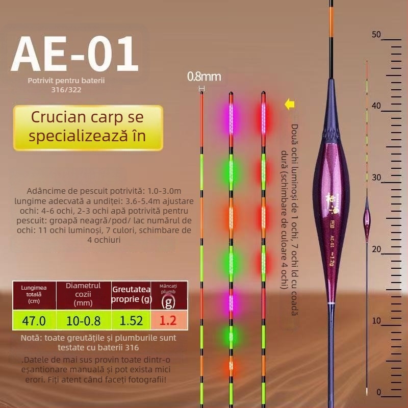 Plută electronică LED cu indicator de mușcătură — schimbă culoarea, înaltă sensibilitate, plută verticală pentru pescuit la caras