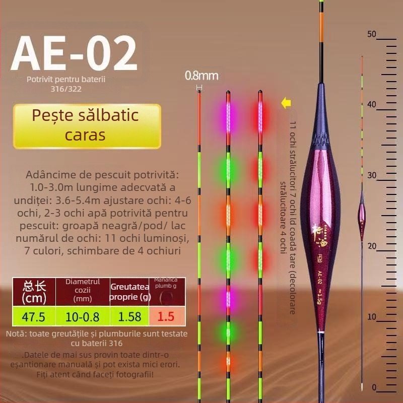 Plută electronică LED cu indicator de mușcătură — schimbă culoarea, înaltă sensibilitate, plută verticală pentru pescuit la caras