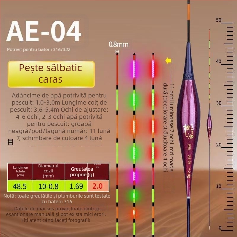 Plută electronică LED cu indicator de mușcătură — schimbă culoarea, înaltă sensibilitate, plută verticală pentru pescuit la caras