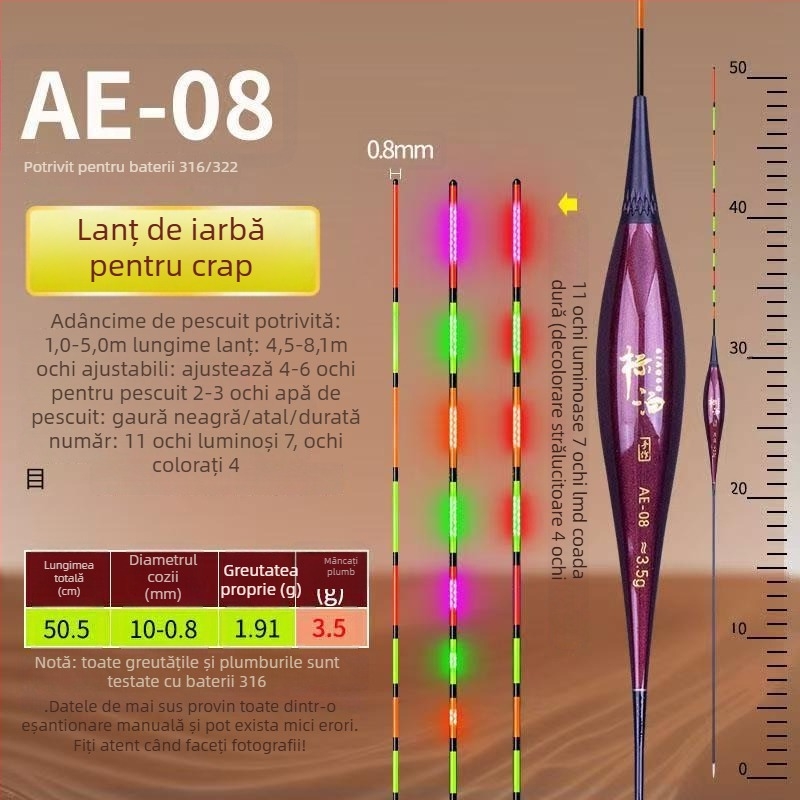 Plută electronică LED cu indicator de mușcătură — schimbă culoarea, înaltă sensibilitate, plută verticală pentru pescuit la caras