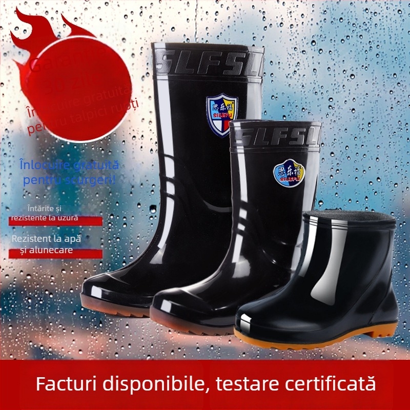 Cizme de ploaie pentru bărbați, impermeabile, înalte, anti-alunecare, căptușite cu fleece, din plastic, turnate prin injecție.
