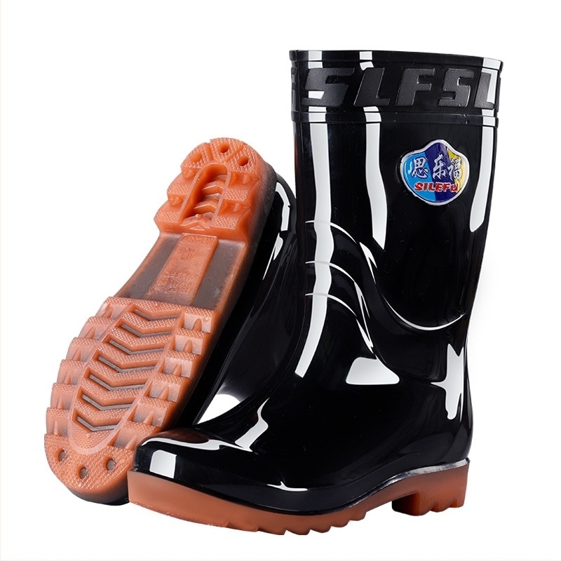 Cizme de ploaie pentru bărbați, impermeabile, înalte, anti-alunecare, căptușite cu fleece, din plastic, turnate prin injecție.