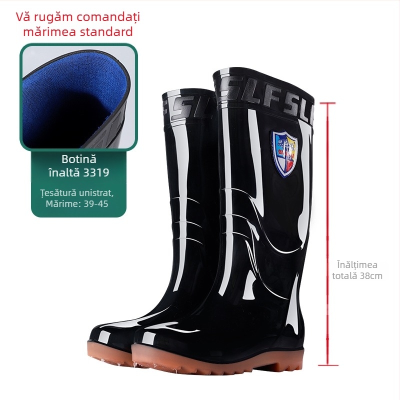 Cizme de ploaie pentru bărbați, impermeabile, înalte, anti-alunecare, căptușite cu fleece, din plastic, turnate prin injecție.