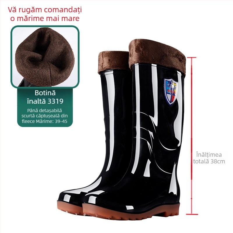 Cizme de ploaie pentru bărbați, impermeabile, înalte, anti-alunecare, căptușite cu fleece, din plastic, turnate prin injecție.