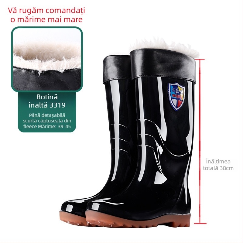 Cizme de ploaie pentru bărbați, impermeabile, înalte, anti-alunecare, căptușite cu fleece, din plastic, turnate prin injecție.