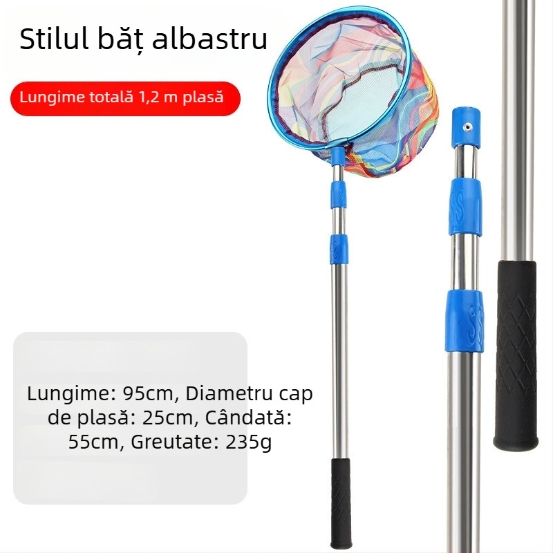 Undiță de plasă retractabilă pentru copii, din oțel inoxidabil, diametrul plasei 25 cm, adâncimea plasei 22 cm, plasă fină, pliabilă, set complet cu sac de plasă