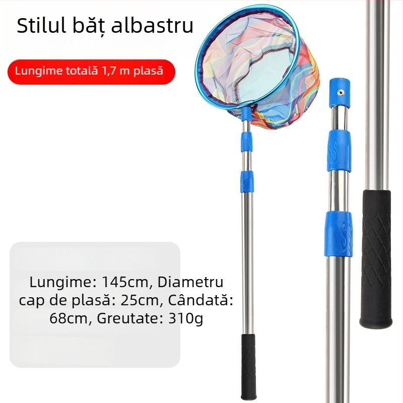 Undiță de plasă retractabilă pentru copii, din oțel inoxidabil, diametrul plasei 25 cm, adâncimea plasei 22 cm, plasă fină, pliabilă, set complet cu sac de plasă