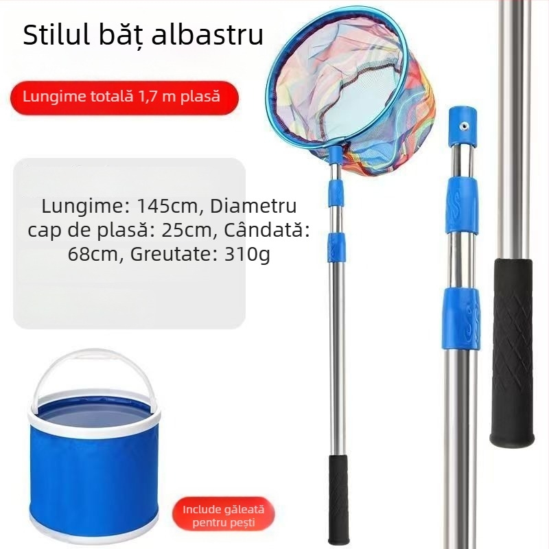 Undiță de plasă retractabilă pentru copii, din oțel inoxidabil, diametrul plasei 25 cm, adâncimea plasei 22 cm, plasă fină, pliabilă, set complet cu sac de plasă