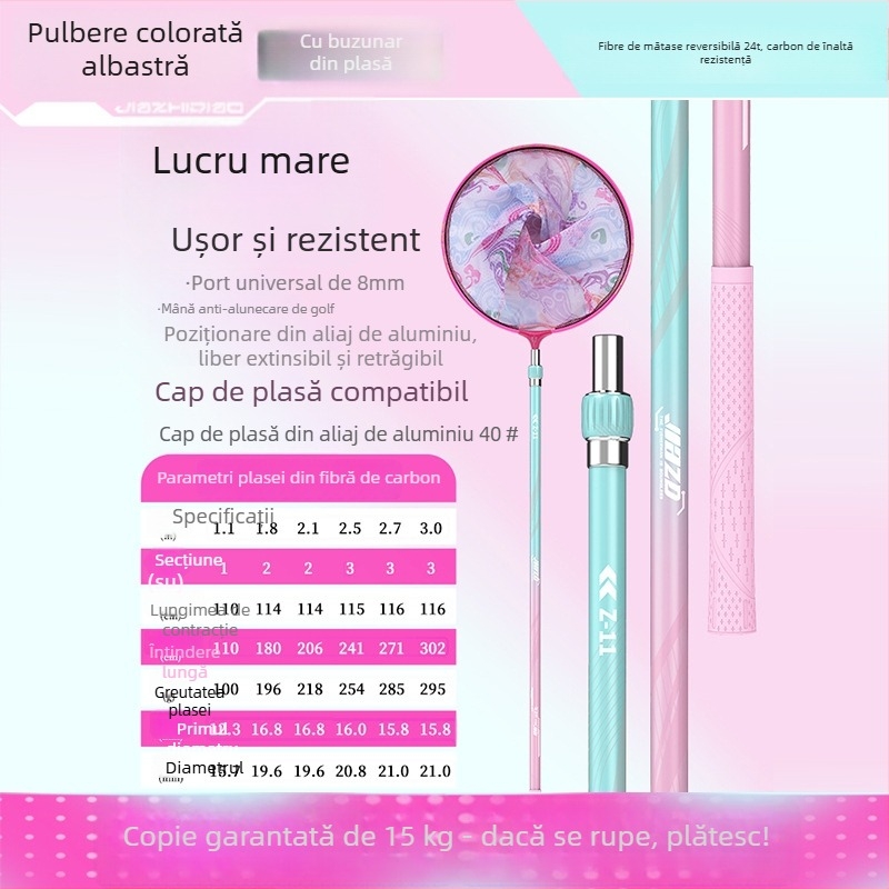 Set de undițe cu plasă din carbon cu tijă telescopică și cap de plasă – set complet, plasă cu ochi fini