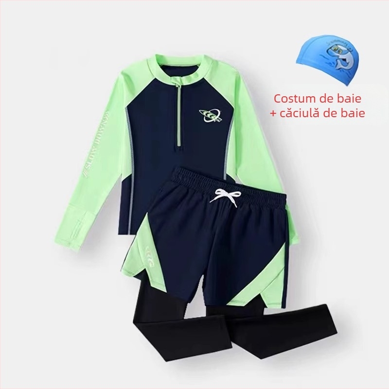Set de înot pentru băieți, din două piese, cu mâneci lungi, protecție solară — Poliester 85%, căptușeală poliester 85%, greutate 150–300 g/m², pentru înot