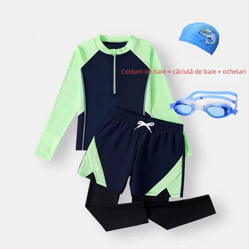 Set de înot pentru băieți, din două piese, cu mâneci lungi, protecție solară — Poliester 85%, căptușeală poliester 85%, greutate 150–300 g/m², pentru înot